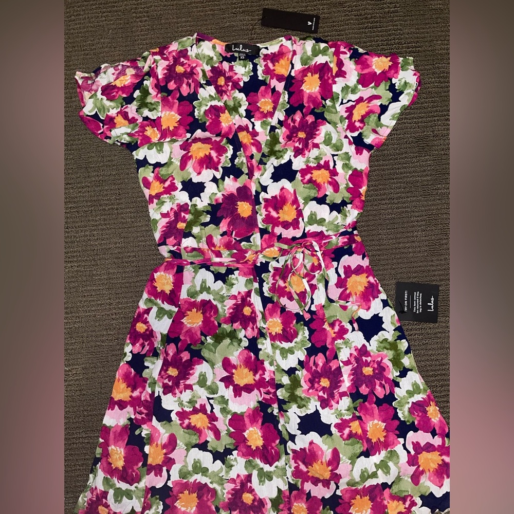 NWT- Lulus Harbor Point Magenta Multi
Floral Print Wrap Dress